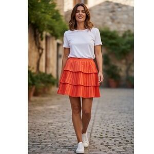 Zara Orange Pleated Tiered Mini Skirt Ruffle Elastic Waist Small